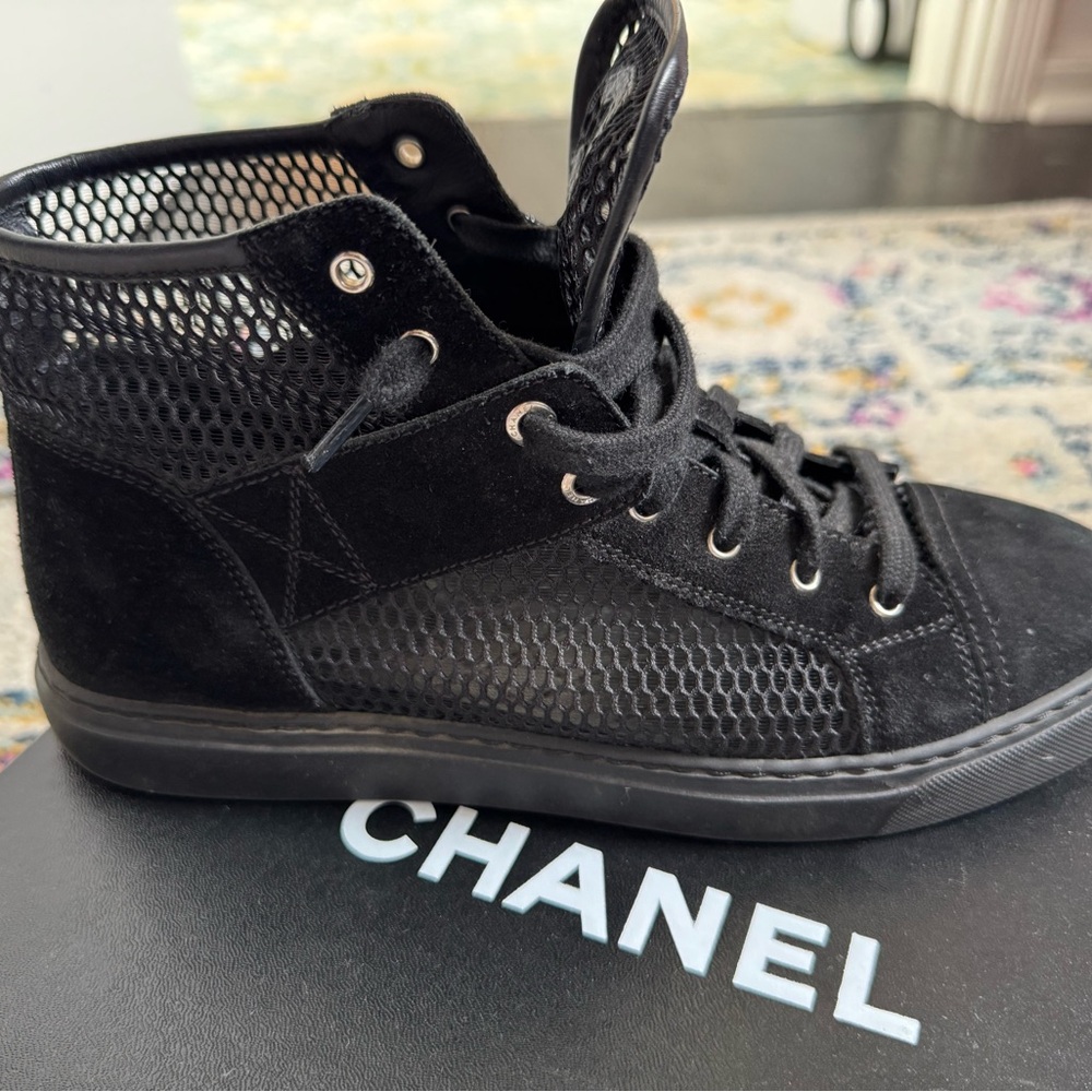 CHANEL Black Mesh High-Top Sneakers